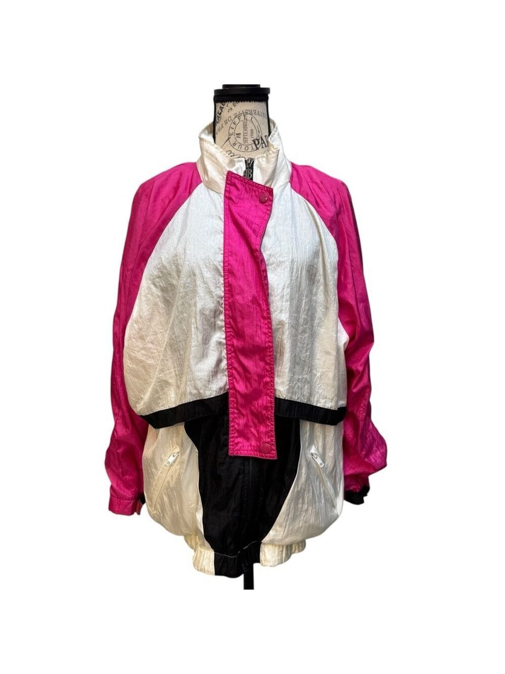 Vintage Bill Blass 90s Windbreaker Jacket Size L Pink White Color Block Women's